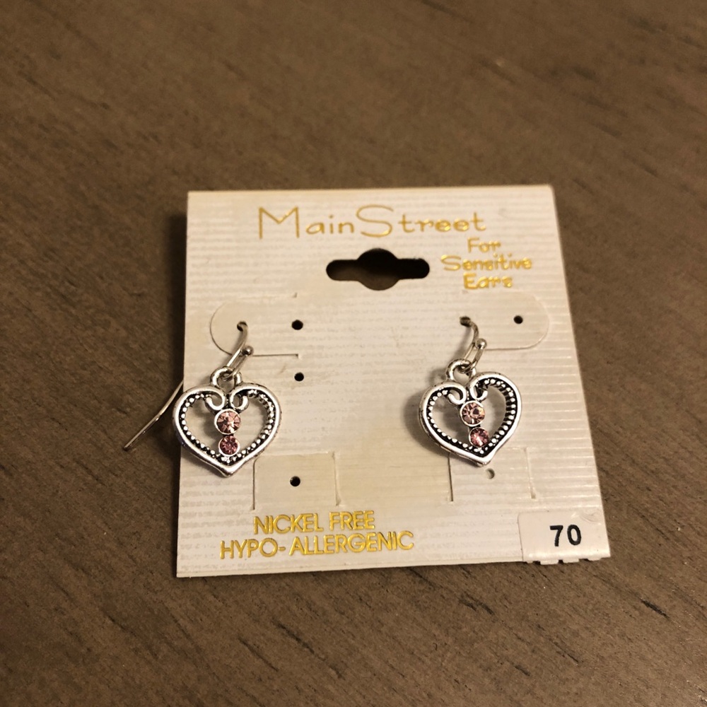 Jewelry - Silver Tone Heart Earrings with Pink Accents For Sensitive Ears